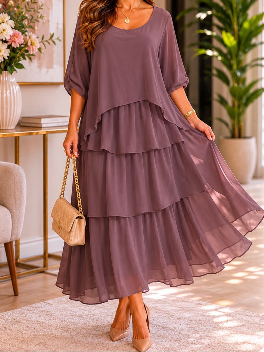 Elegant Brown Ruffle Mauve Layered Dress